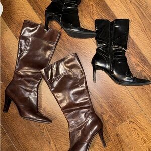 BUNDLE Women's Brown & Black Leather Knee-High Heeled Boots